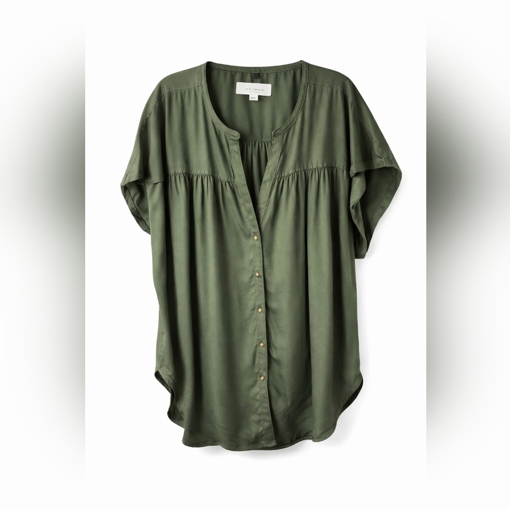 Lou & Grey LOFT Olive Green Button Front Open V Neck Tunic XL Blouse Lyocell - Picture 3 of 12